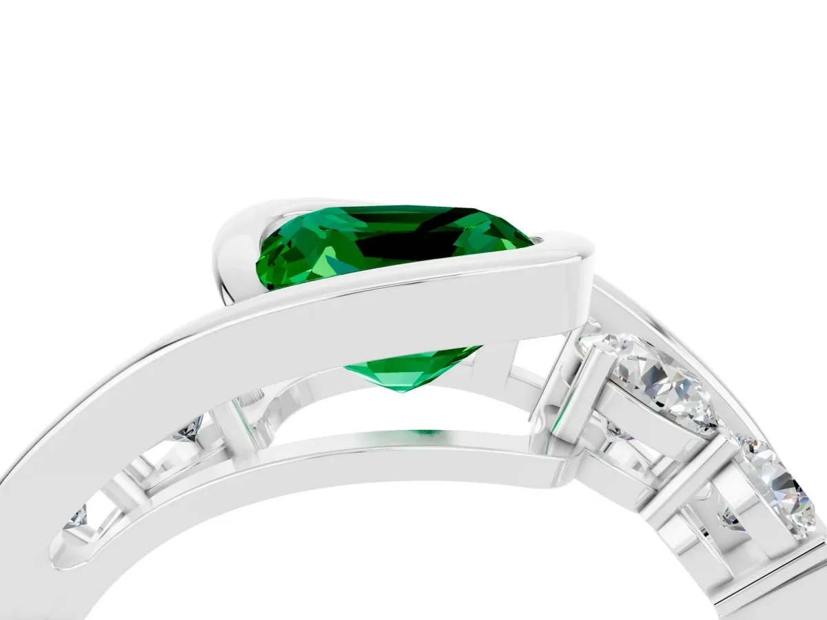 Bezel Set Cushion Cut Emerald Bypass Ring with Round Accents Silver