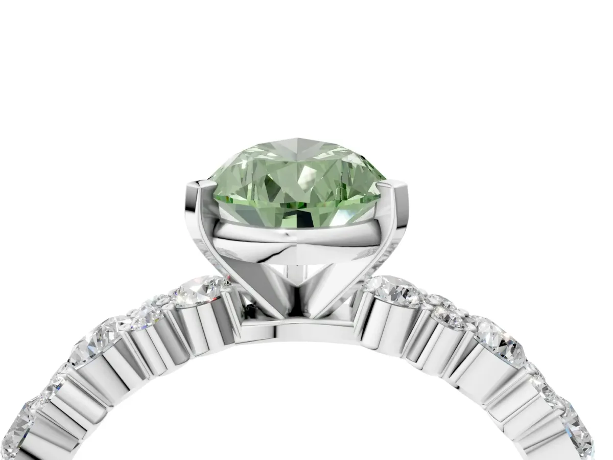 Fancy Green Pear Cut Diamond Side Stone Solitaire Ring with Round and Four-Prong Setting Platinum
