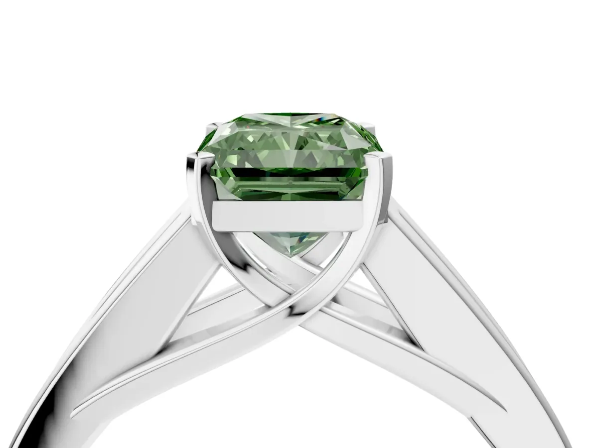 Fancy Green Radiant Cut Cut Channel Set Solitaire Ring with Four-Prong Setting Silver