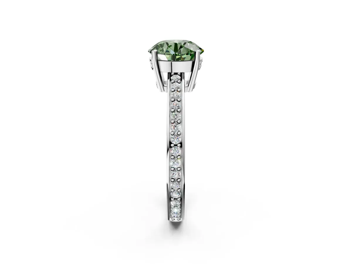 Fancy Green Round Cut Solitaire Pavé Band Prong Setting Ring Silver