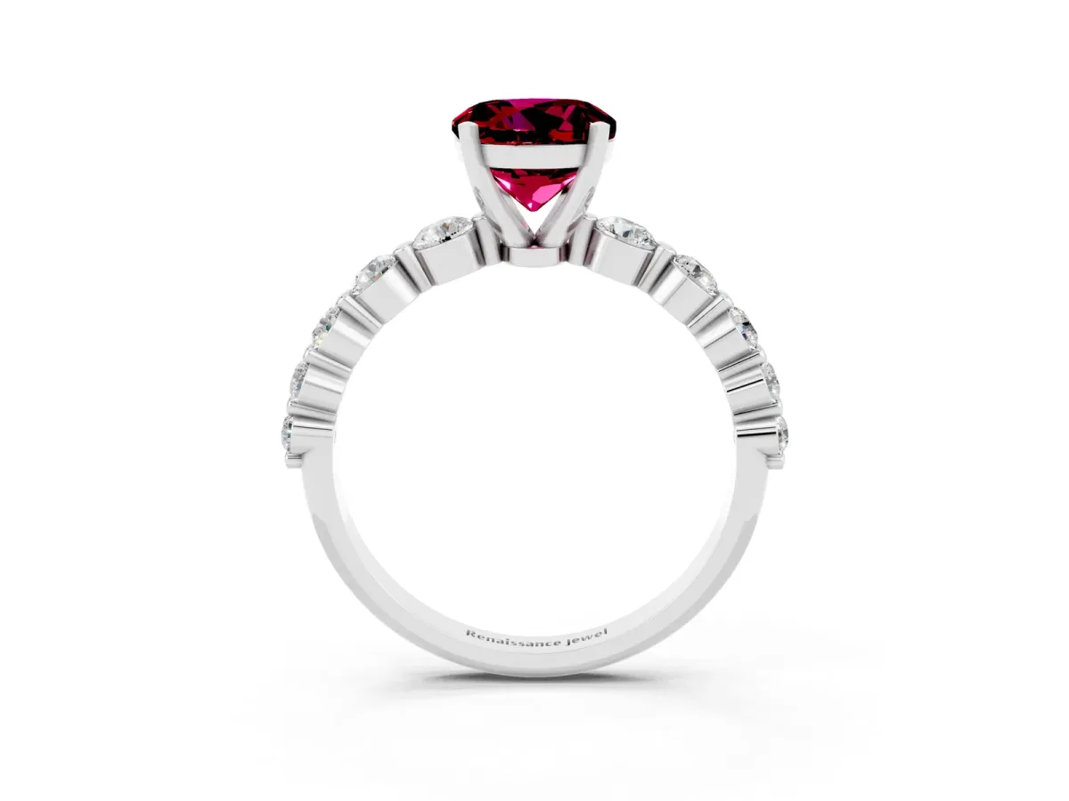 Round Cut Solitaire Garnet Ring with Pave Band and Four-Prong Setting Silver