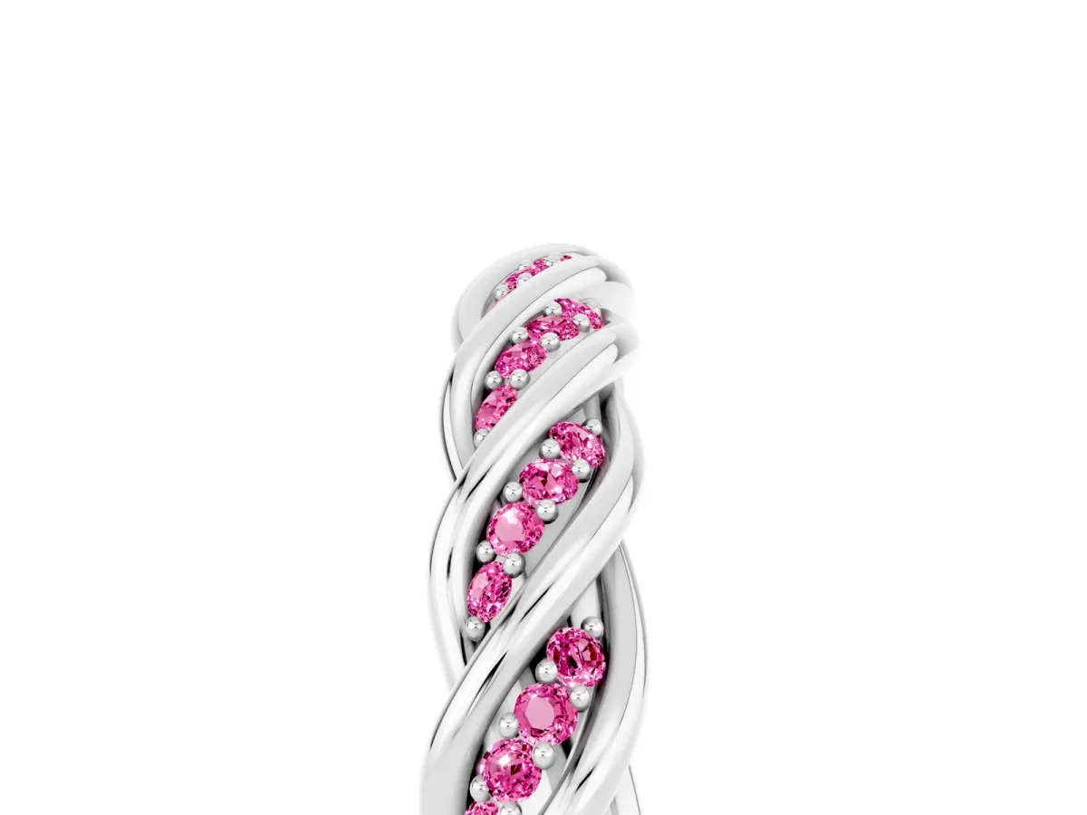 Twisted Pavé Round Pink Sapphire Eternity Band with Shared Prong Setting Silver