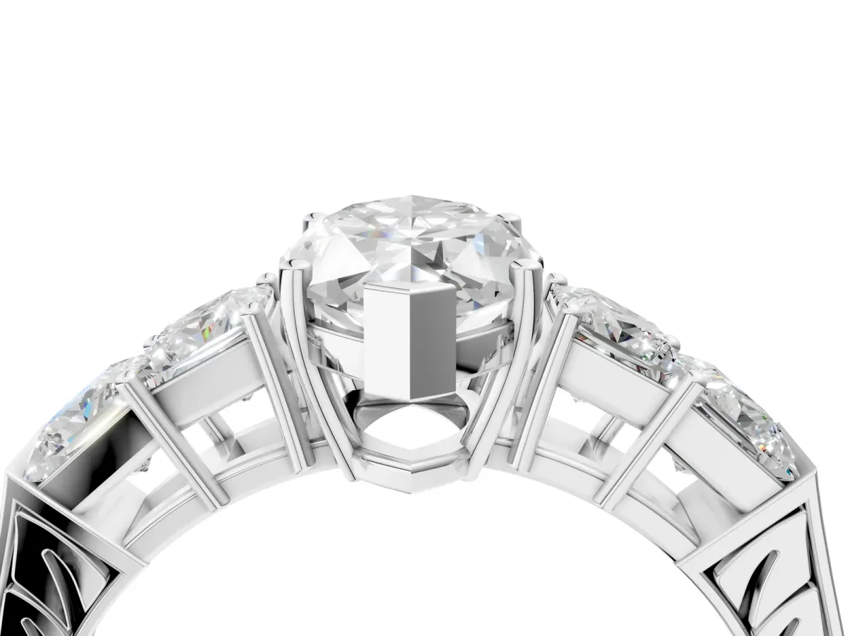 Marquise Cut Solitaire Princess Side Stone Engraved Band Prong Setting Ring Silver