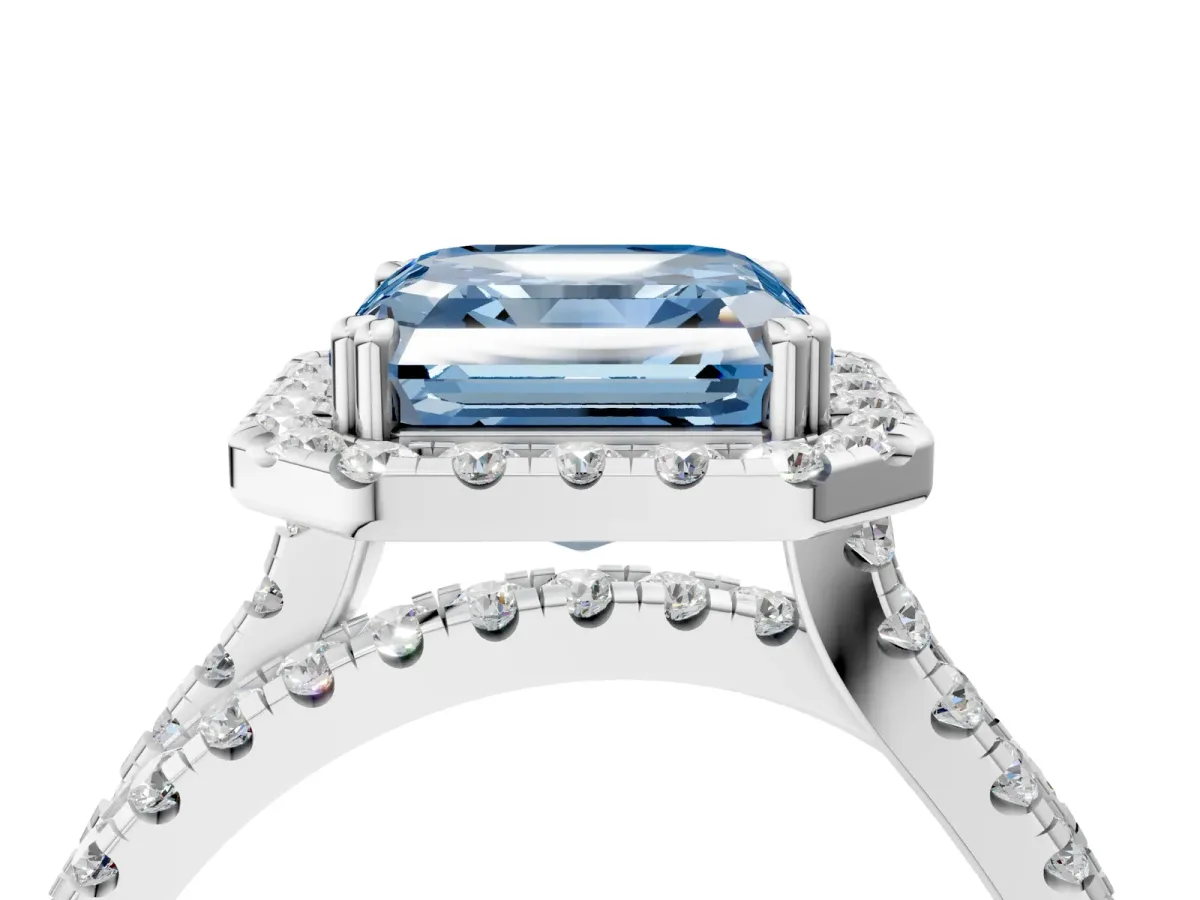 Fancy Blue Asscher Cut Halo Split Shank Diamond Ring with Pavé Setting Platinum