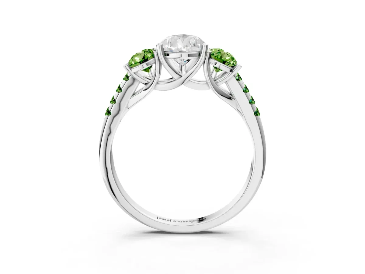 Three-Stone Pear Cut Diamond Ring with Round Peridot Pavé Band and Prong Setting Silver