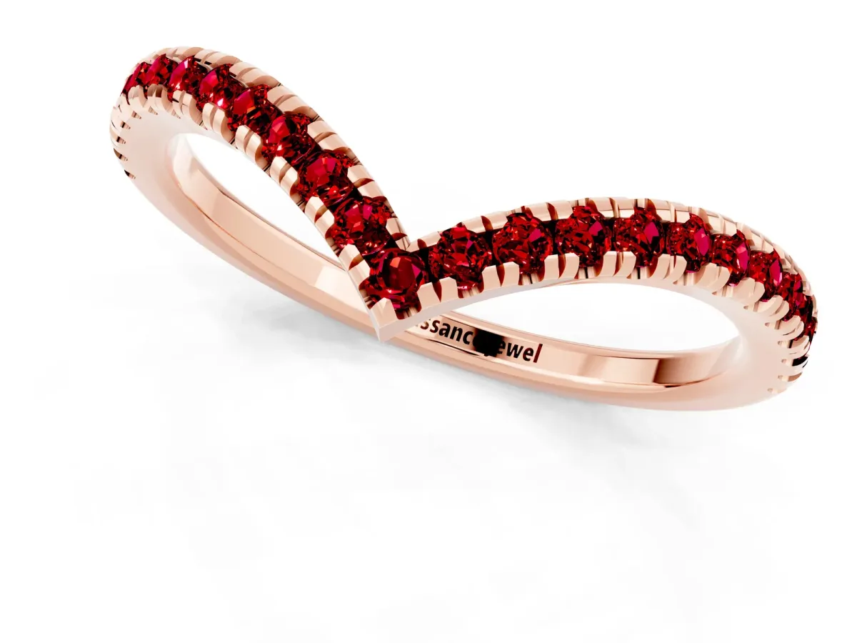 Pavé Round Ruby V-Shaped Chevron Band with Shared Prong Setting Rose gold