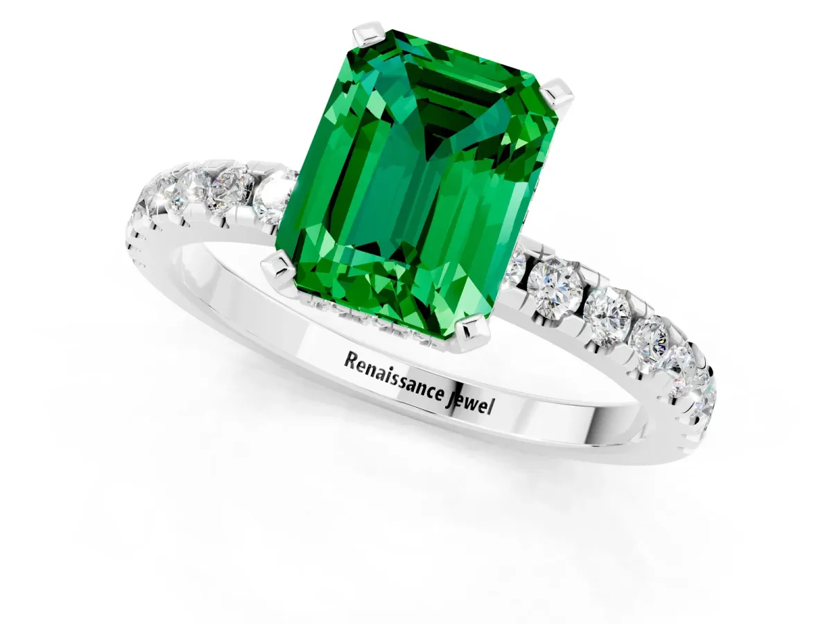 Emerald Cut Emerald Solitaire Ring with Round Pavé Band and Four-Prong Setting Silver