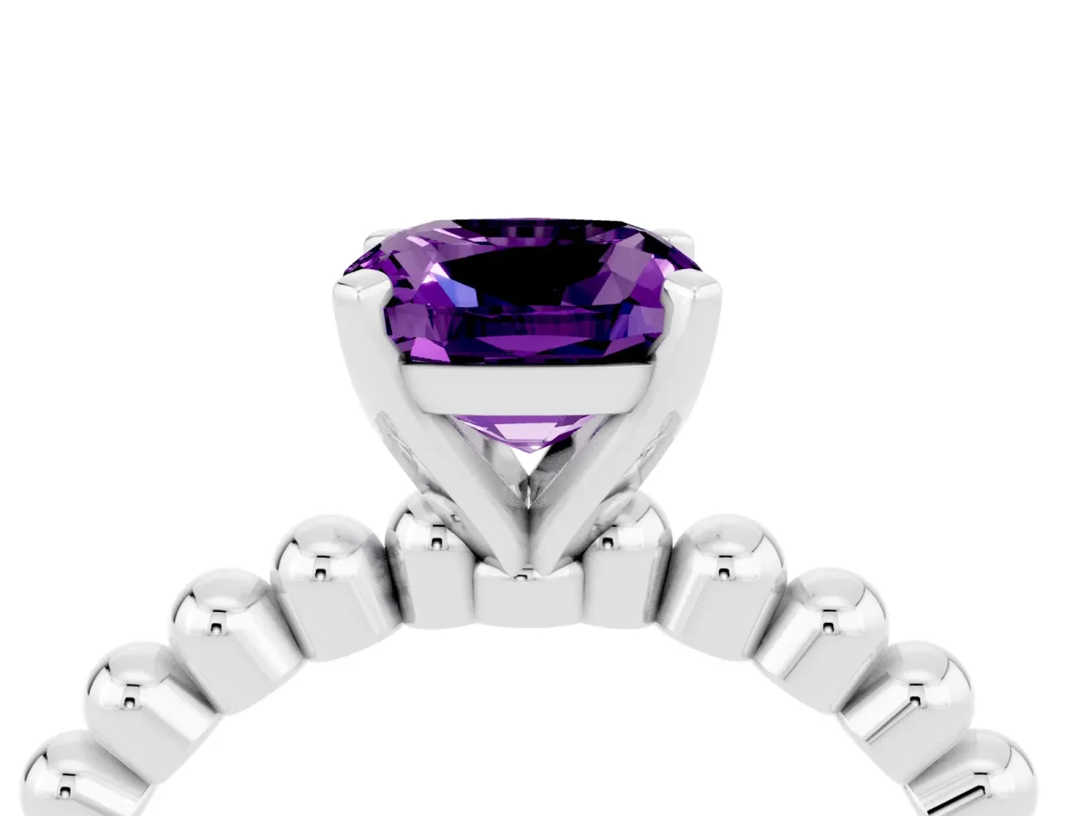 Cushion Cut Amethyst Solitaire Ring with Beaded Band and Prong Setting White gold