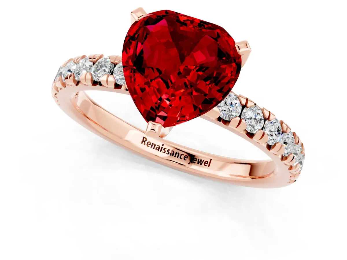 Heart Cut Ruby Solitaire Pavé Engagement Ring with Round Band and Prong Setting Rose gold