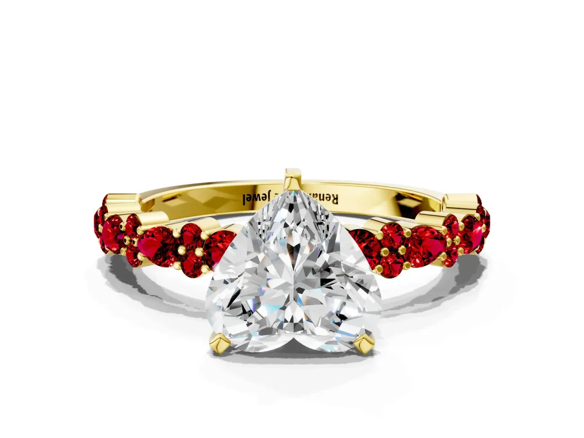 Heart Cut Diamond Side Stone Solitaire Ring with Round Ruby and Four-Prong Setting Yellow gold
