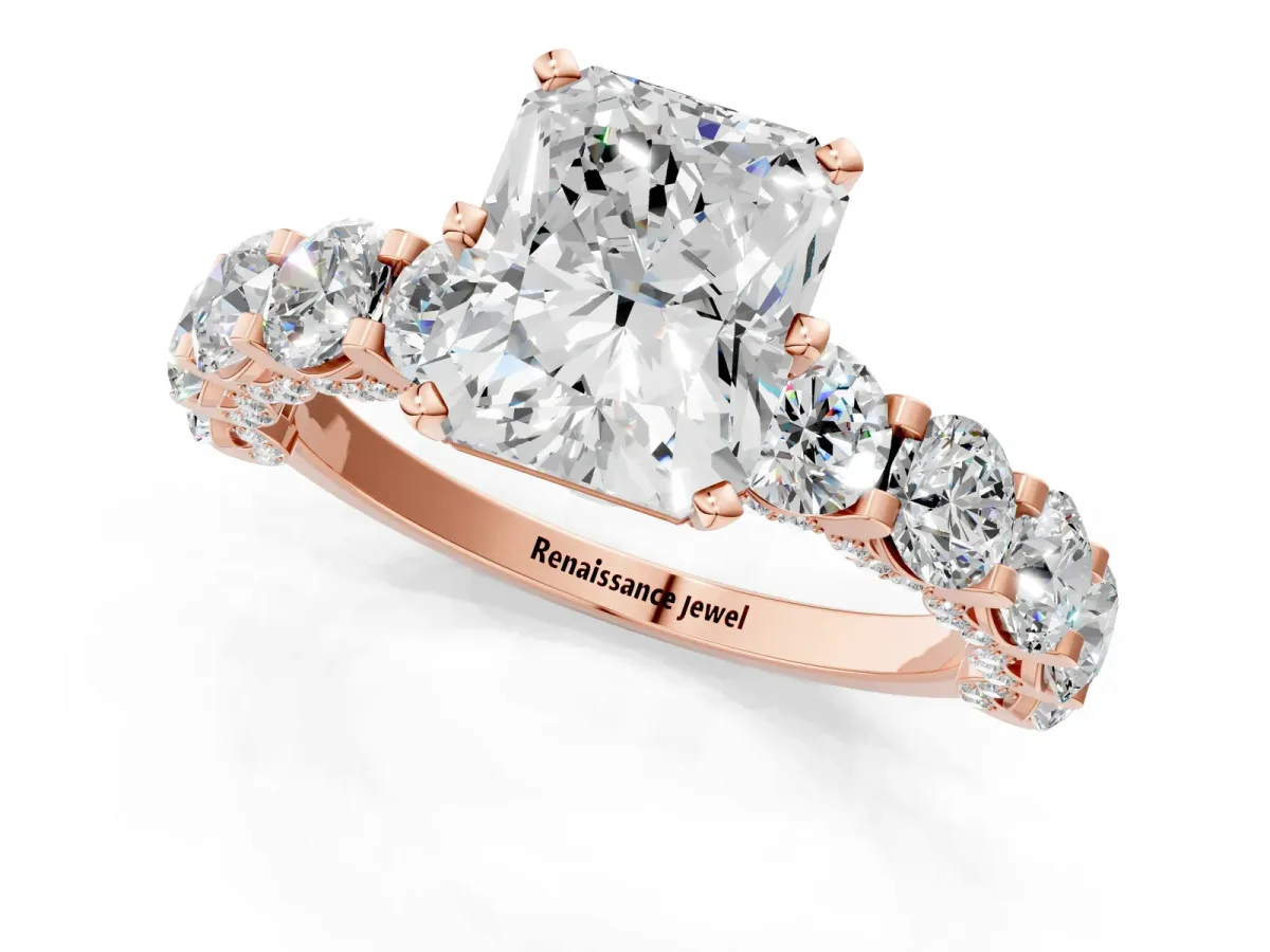 Radiant Cut Diamond Side Stone Engagement Ring with Four-Prong Setting Rose gold