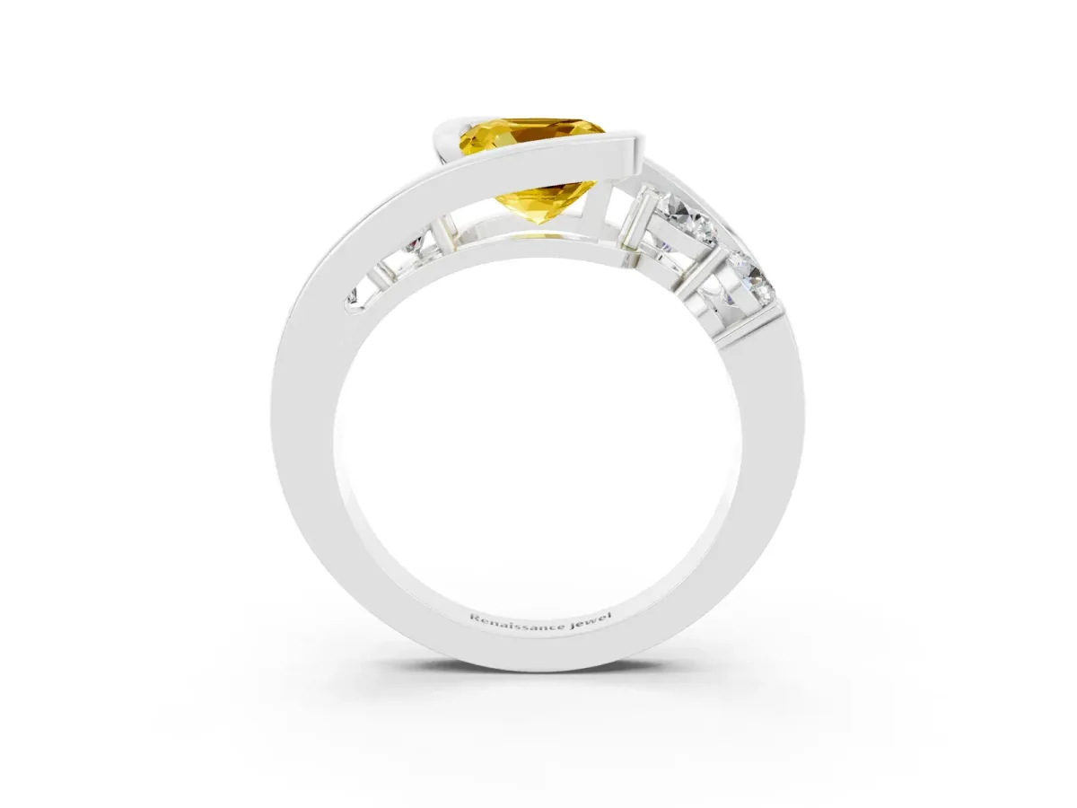 Bezel Set Cushion Cut Yellow Sapphire Bypass Ring with Round Accents Silver