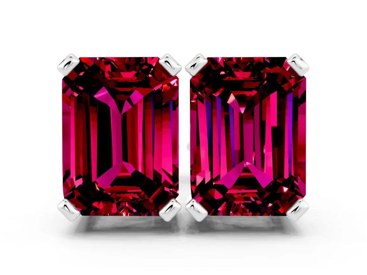 Emerald Cut Garnet Stud Earrings Silver