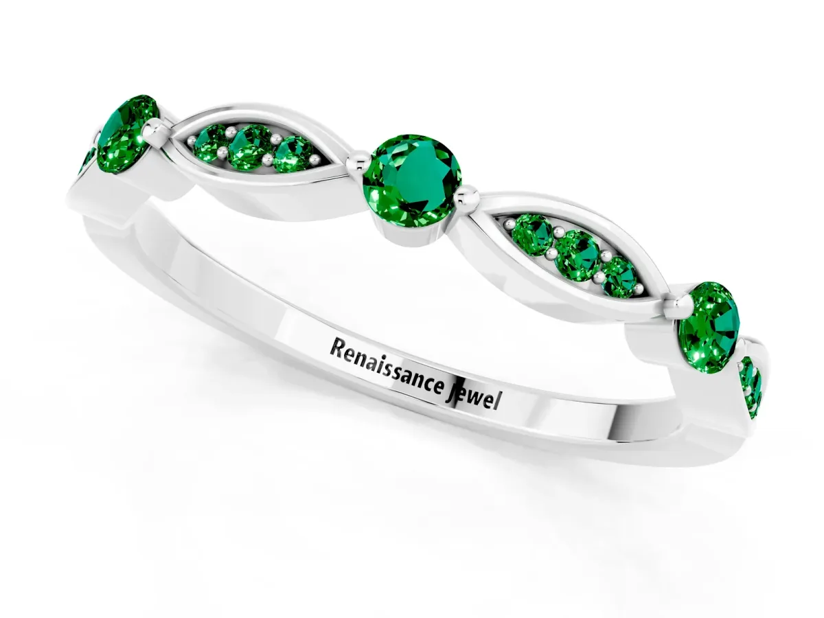 Marquise and Round Emerald Milgrain Band with Bezel Setting White gold