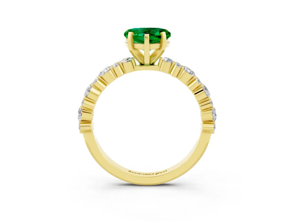 Heart Cut Emerald Side Stone Solitaire Ring with Round and Four-Prong Setting Yellow gold
