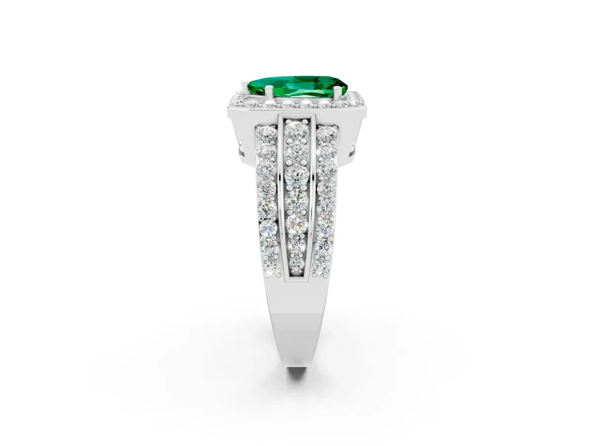 Pear Cut Halo Emerald Ring with Round Split Shank and Prong Setting Silver