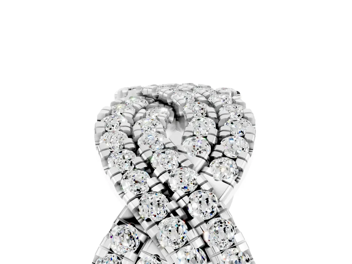 Pavé Round Moissanite Infinity Twist Band with Shared Prong Setting Platinum