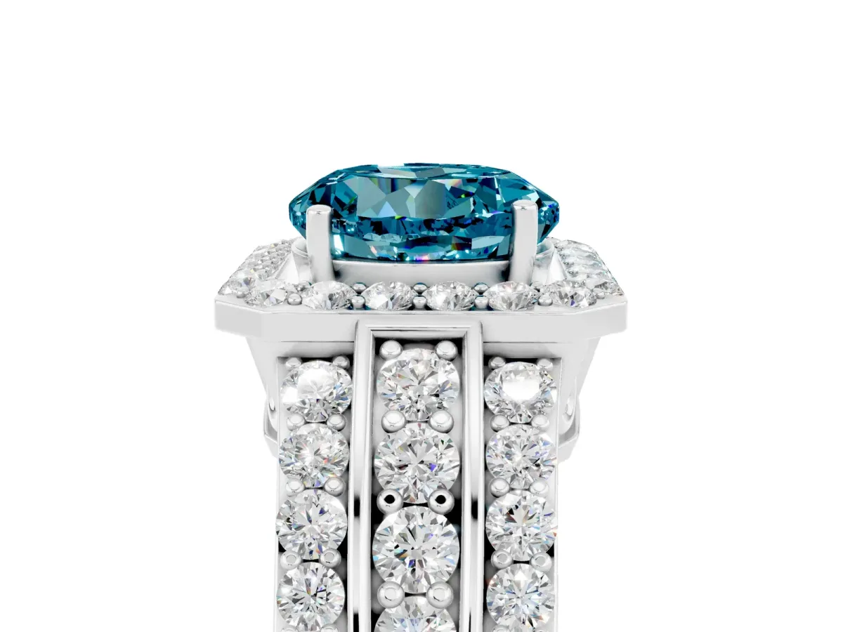 Round Cut Halo Blue Topaz Ring with Round Split Shank and Prong Setting Silver