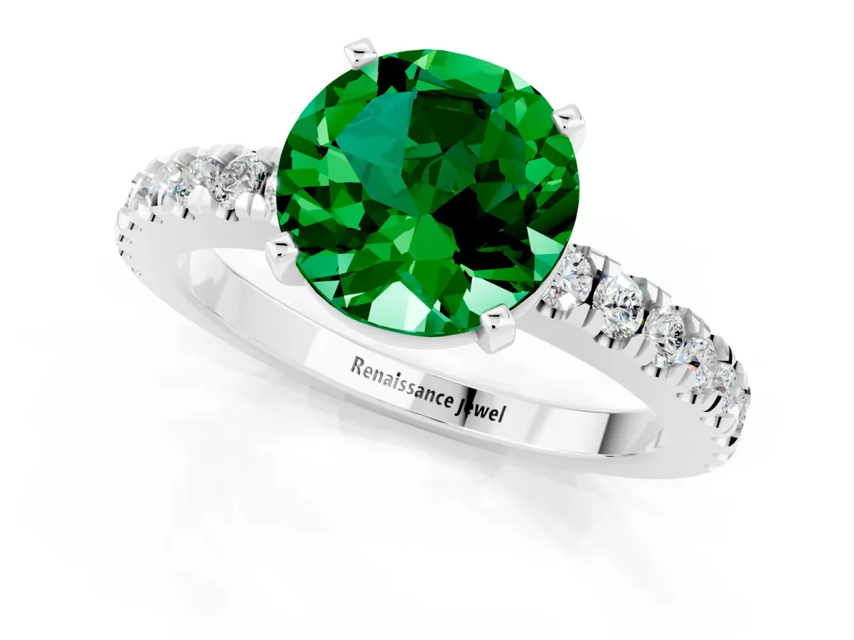 Round Cut Solitaire Emerald with Pavé Band and Four-Prong Setting Platinum