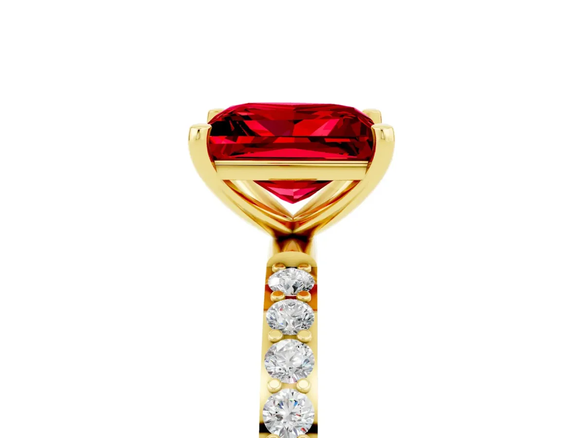 Princess Cut Ruby Solitaire Ring with Round Pavé Band and Prong Setting Yellow gold