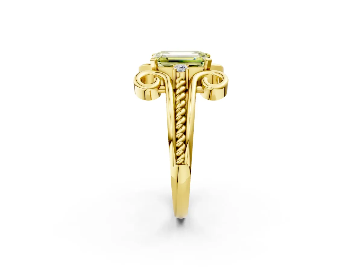 Fancy Yellow Emerald Cut Solitaire Twisted Band Scroll Prong Ring Yellow gold