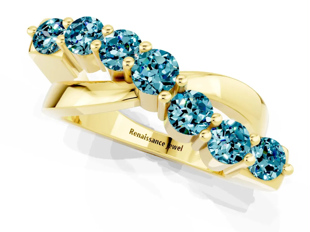 Round Blue Topaz Prong-Set Crossover Band Yellow gold