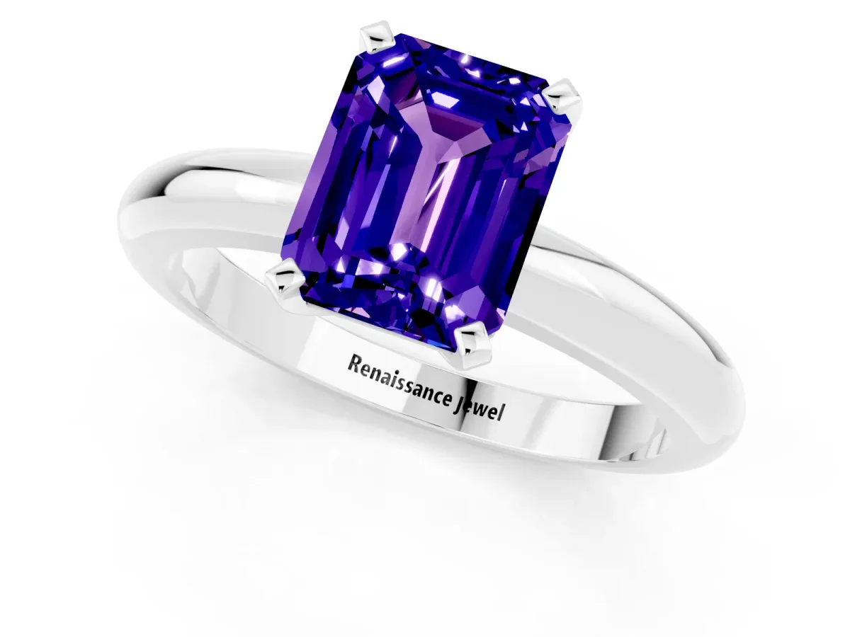 Emerald Cut Tanzanite Solitaire Engagement Ring with Round Band and Four-Prong Setting Silver