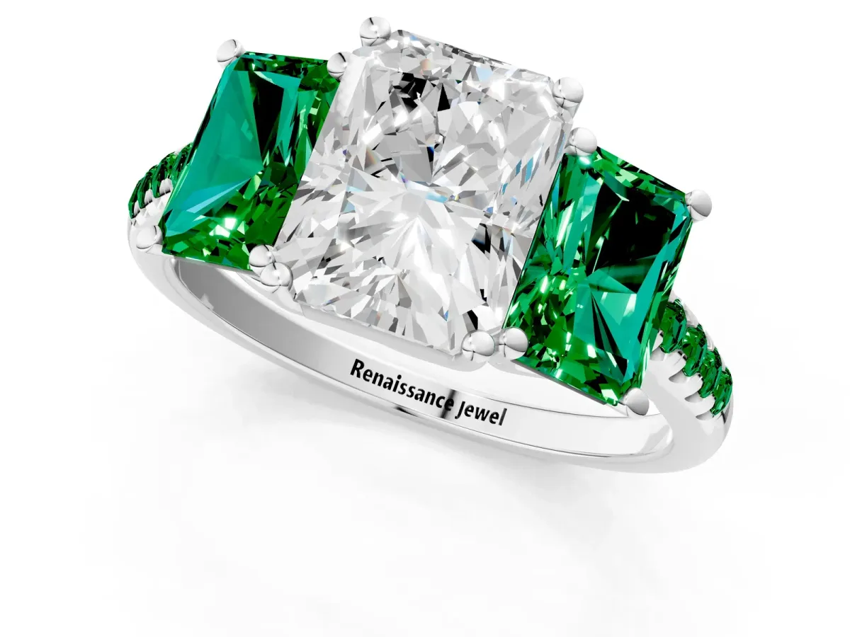 Three-Stone Radiant Cut Diamond Ring with Round Emerald Pavé Band and Prong Setting Silver