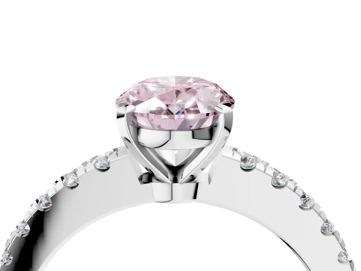 Fancy Pink Oval Cut Solitaire Diamond with Pavé Band and Four-Prong Setting Silver