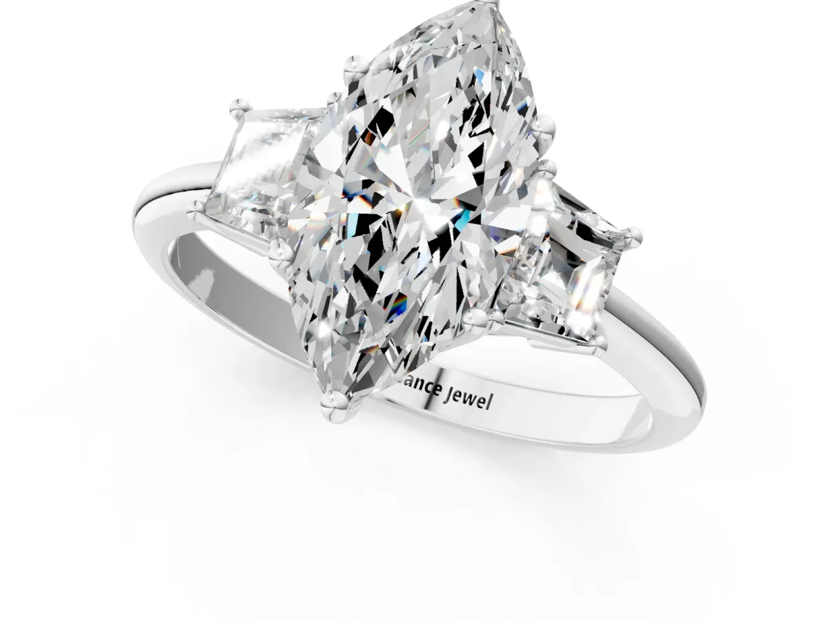 Marquise Cut Diamond Three-Stone Ring with Trapezoid Side Stones and Prong Setting White gold
