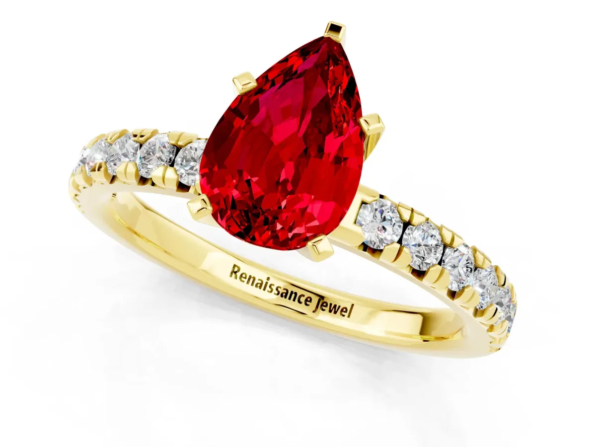 Pear Cut Ruby Solitaire Pavé Engagement Ring with Round Band and Prong Setting Yellow gold