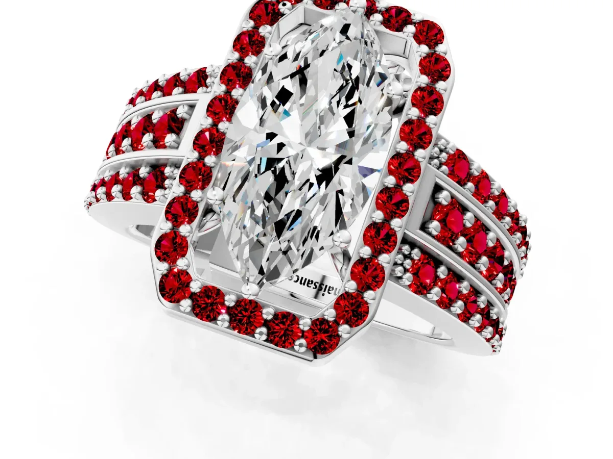 Marquise Cut Halo Diamond Ring with Round Ruby Split Shank and Prong Setting Silver