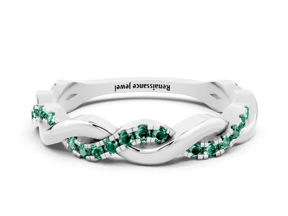Round Green Sapphire Twist Eternity Band with Pavé Setting Platinum