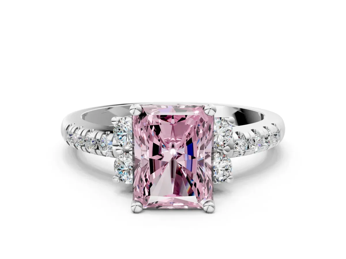 Fancy Pink Radiant Cut Diamond Three-Stone Pave Band with Four-Prong Setting Platinum