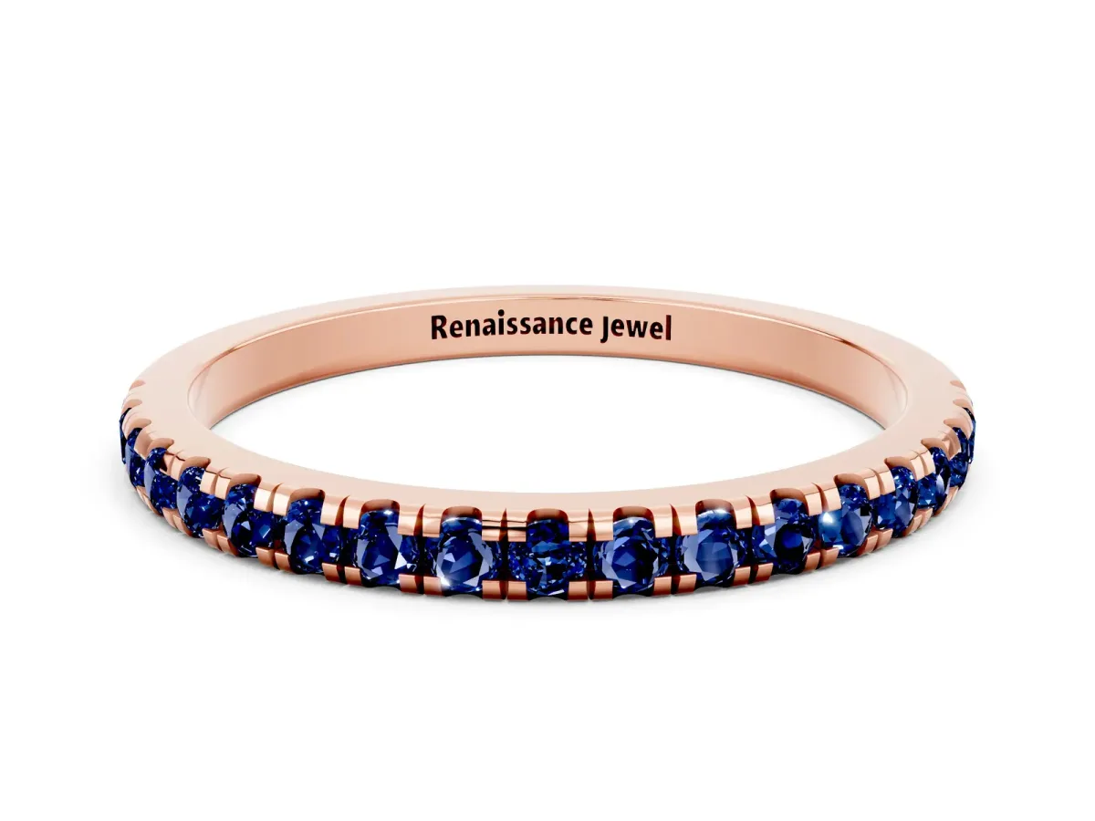 Pavé Round Blue Sapphire Half Eternity Band with Shared Prong Setting Rose gold