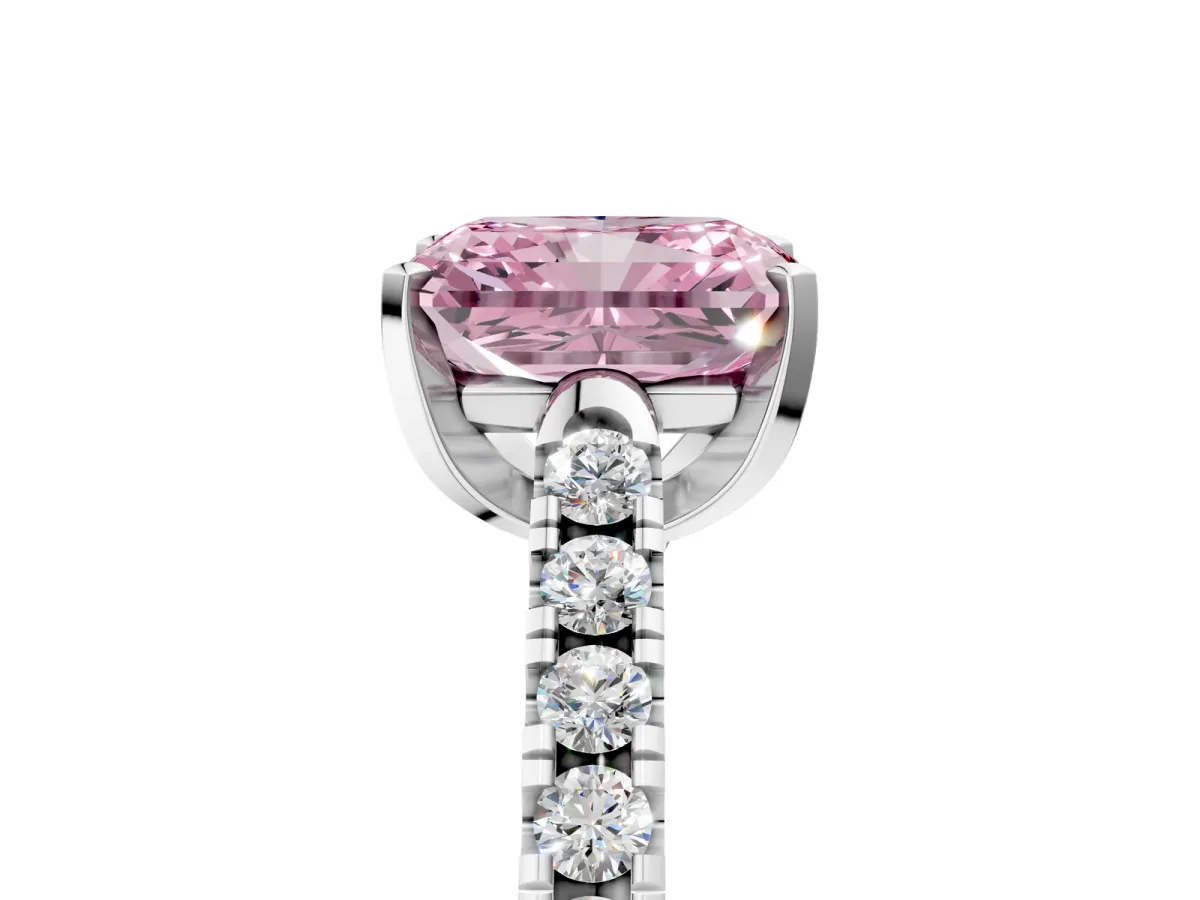 Fancy Pink Radiant Cut Diamond Pavé Band Solitaire Ring with Prong Setting Platinum