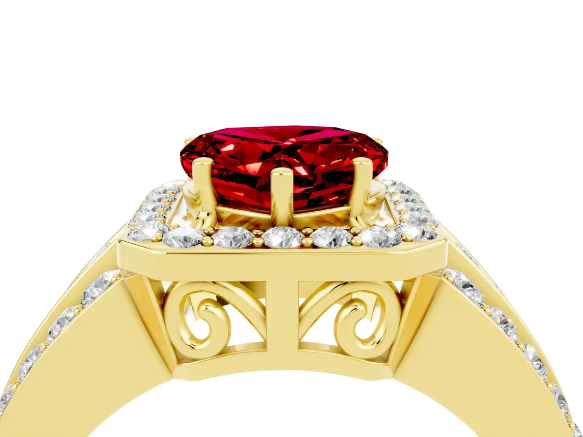 Heart Cut Halo Ruby Ring with Round Split Shank and Prong Setting Yellow gold