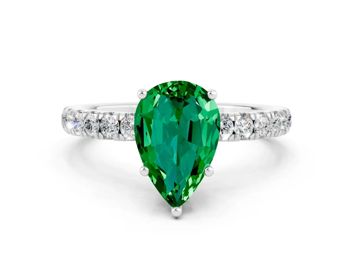 Pear Cut Emerald Pave Band Solitaire Ring with Round and Prong Setting White gold