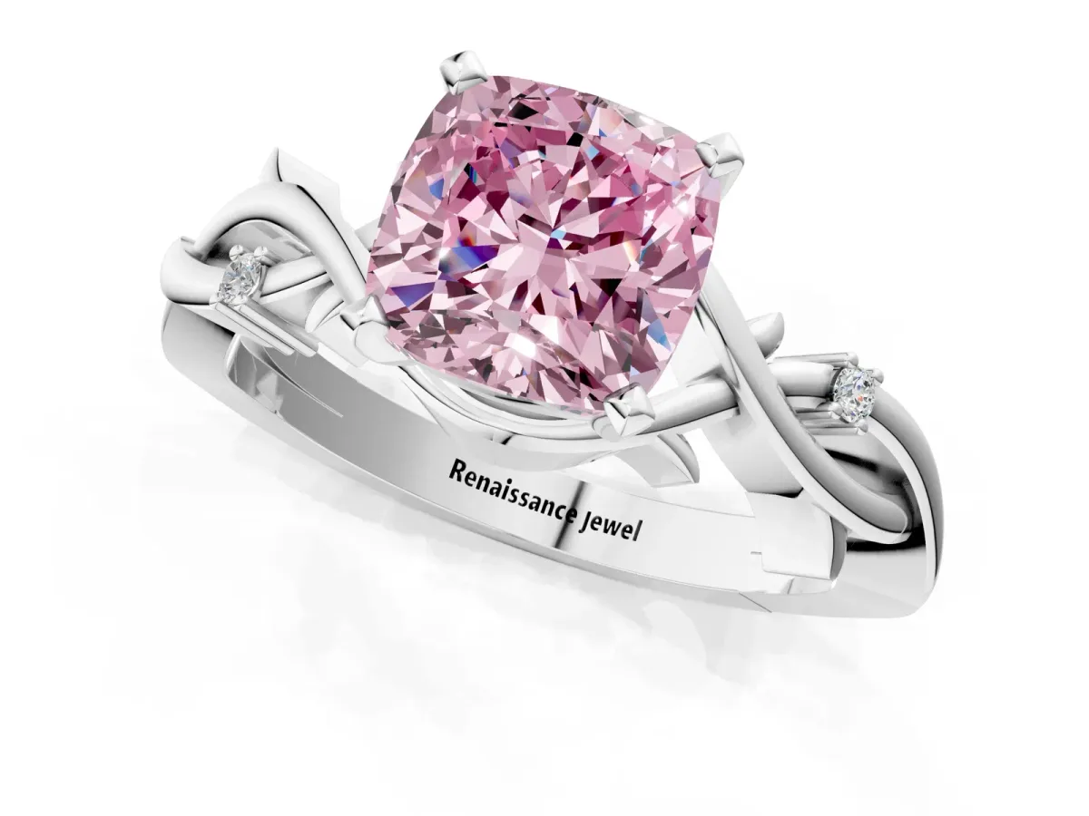 Fancy Pink Cushion Cut Diamond Solitaire Ring with Twisted Band and Prong Setting Silver
