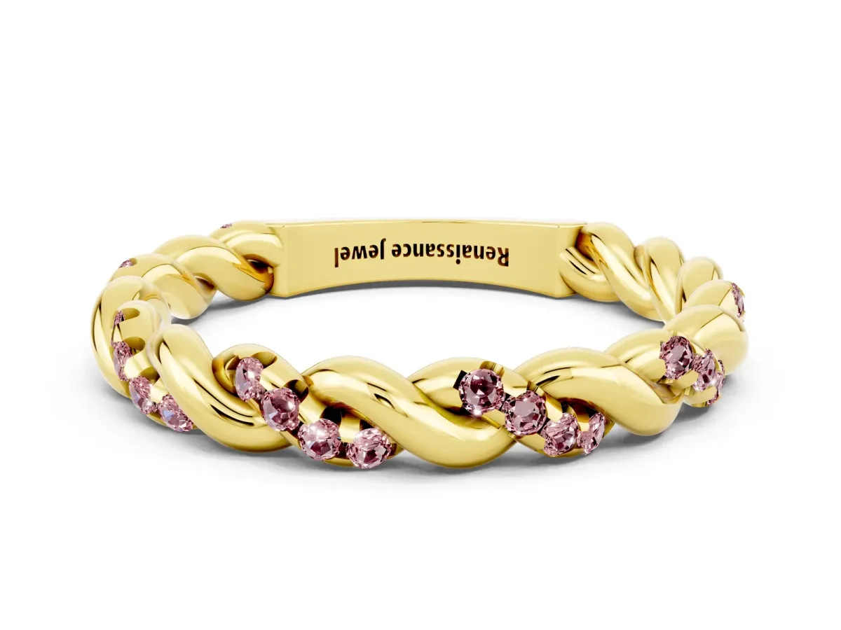 Twisted Pavé Round Morganite Eternity Band Yellow gold