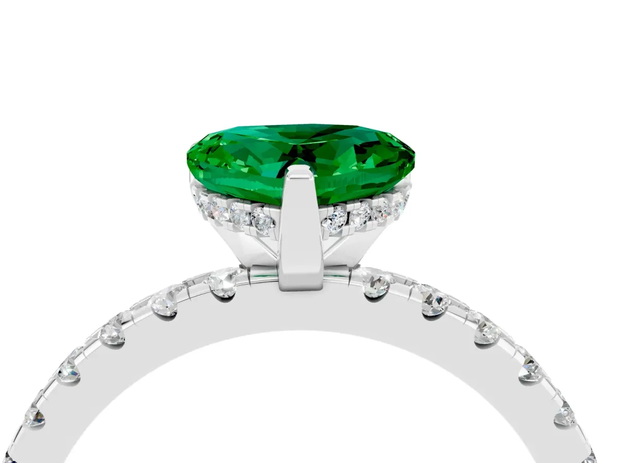 Heart Cut Emerald Solitaire Ring with Round Pavé Band and Four-Prong Setting Silver