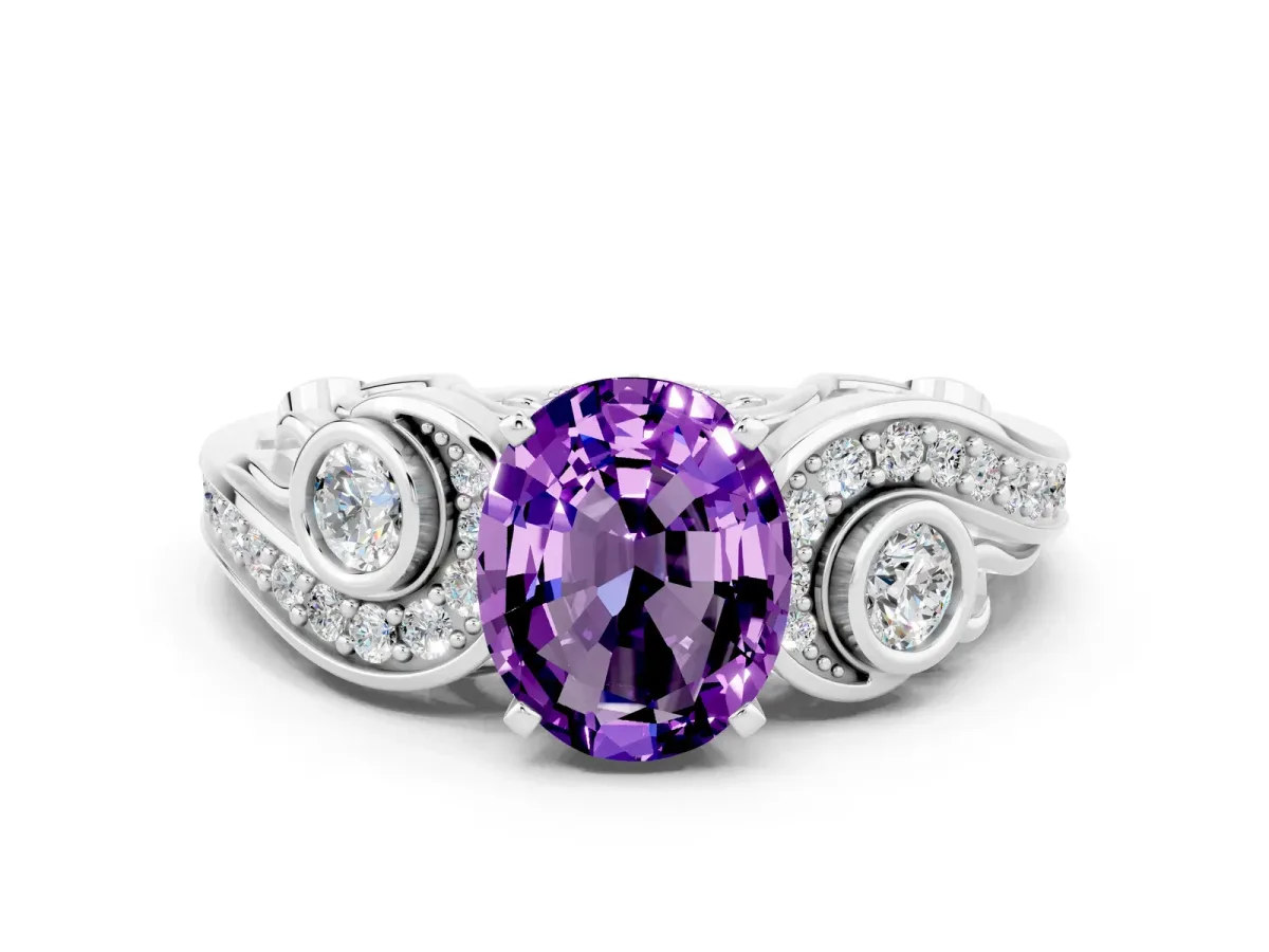 Oval Cut Amethyst Solitaire Ring with Milgrain Pavé Band and Four-Prong Setting Silver