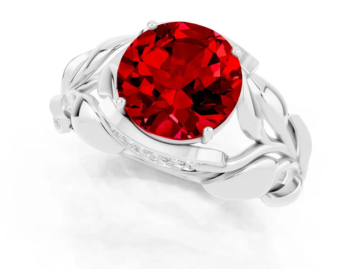 Round Cut Ruby Leaf-Inspired Engagement Ring with Round Accents and Prong Setting Silver