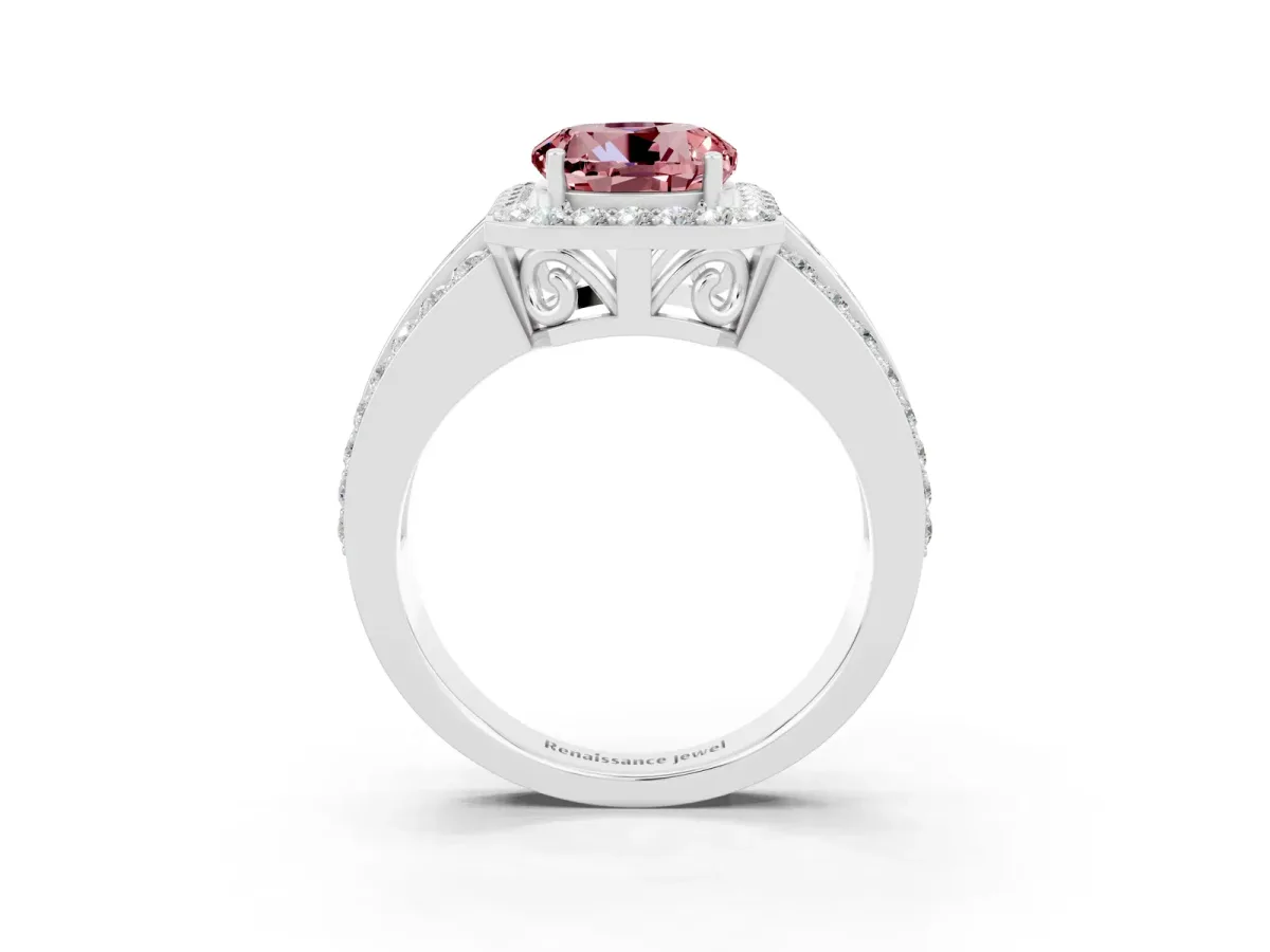 Round Cut Halo Morganite Ring with Round Split Shank and Prong Setting Platinum