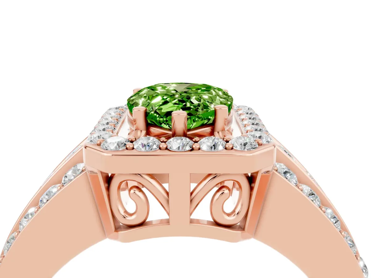 Pear Cut Halo Peridot Ring with Round Split Shank and Prong Setting Rose gold