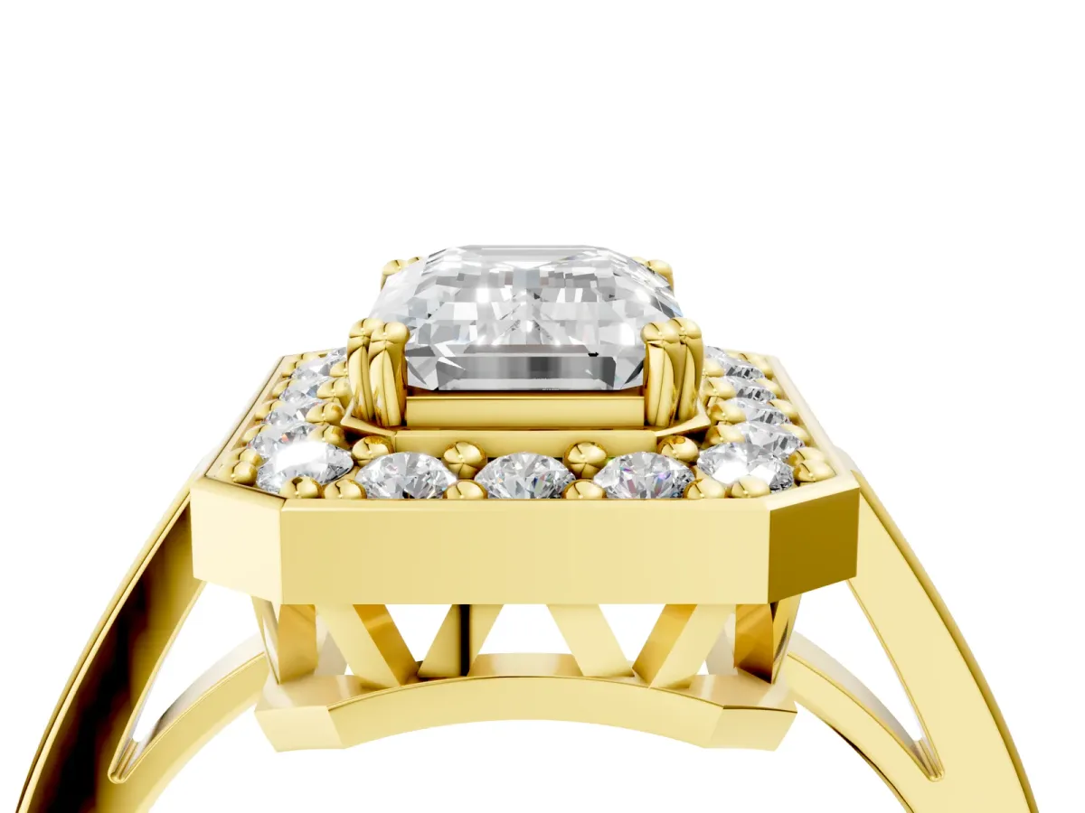 Emerald Cut Diamond Halo Ring with Split Shank and Four-Prong Setting Yellow gold