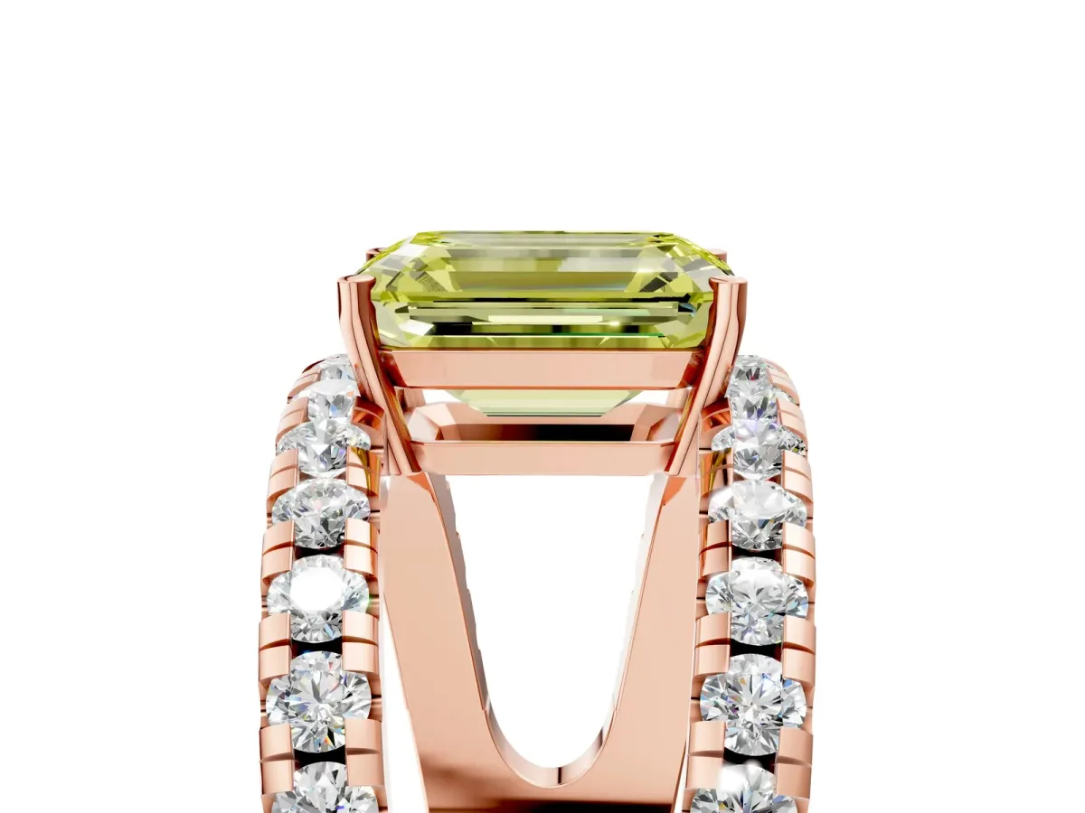 Fancy Yellow Emerald Cut Solitaire Split Shank Pave Diamond Ring Rose gold
