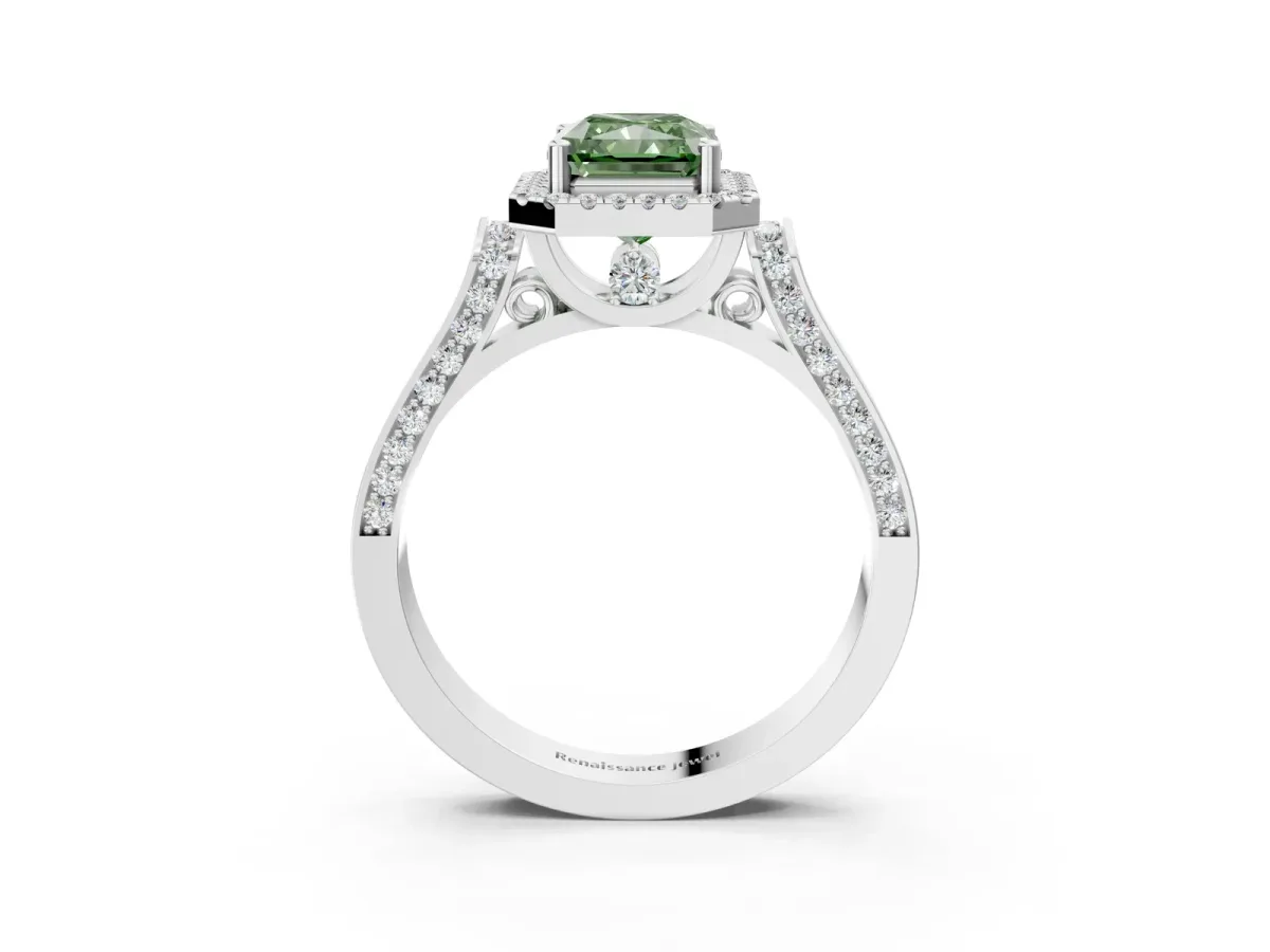 Fancy Green Radiant Cut Halo Pave Split Shank Prong Setting Ring Platinum