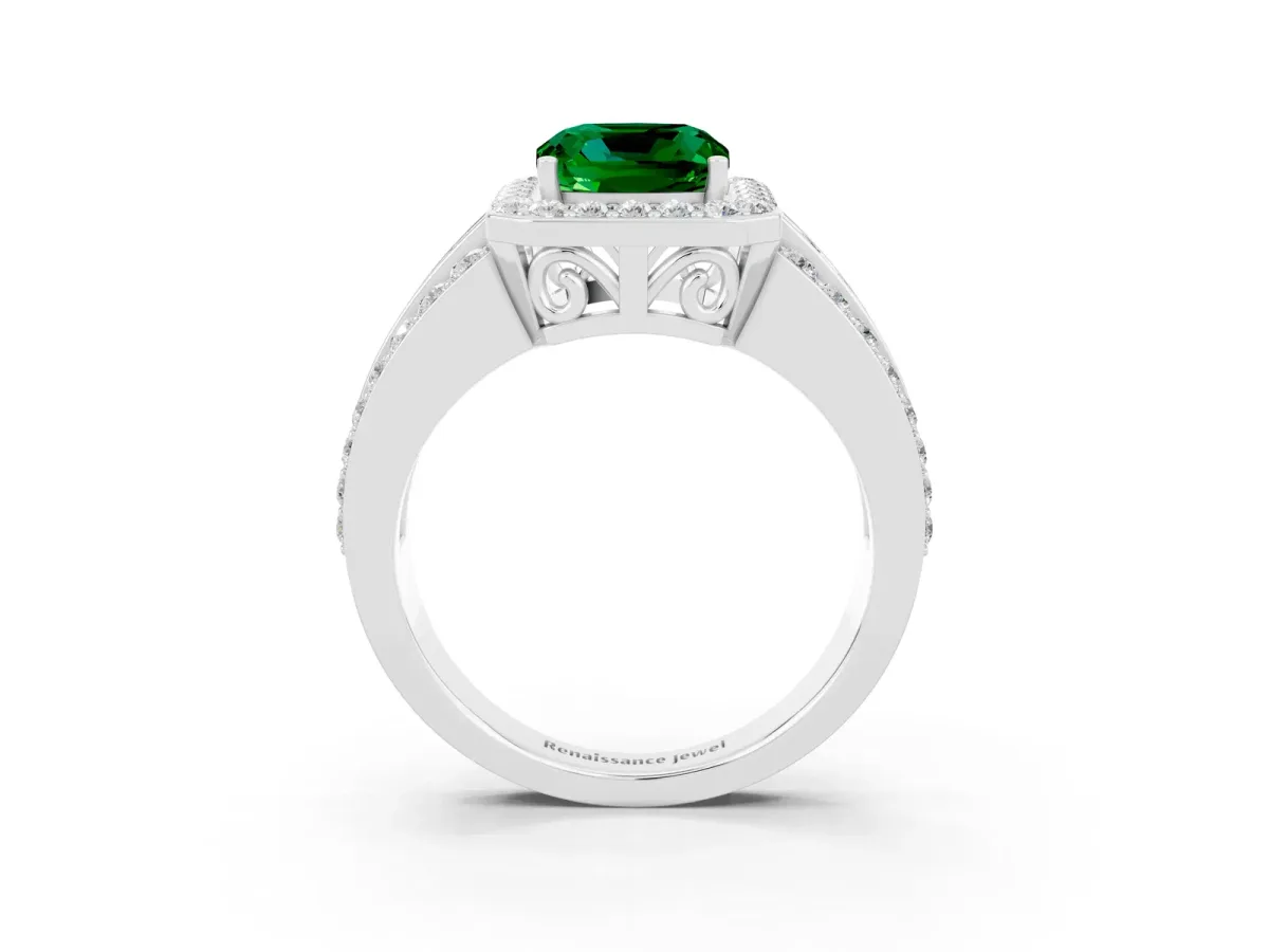 Cushion Cut Halo Emerald Ring with Round Split Shank and Prong Setting Platinum