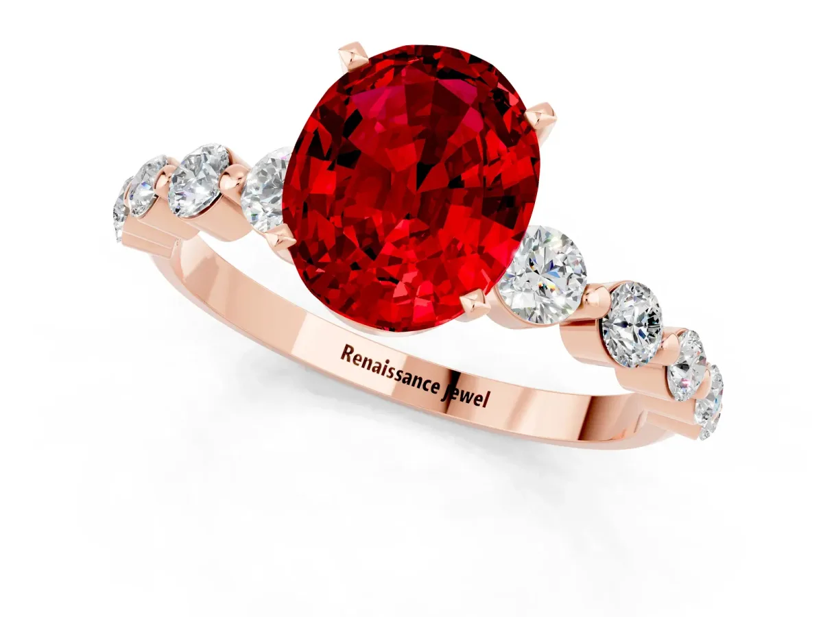 Oval Cut Solitaire Ruby Ring with Pave Band and Four-Prong Setting Rose gold